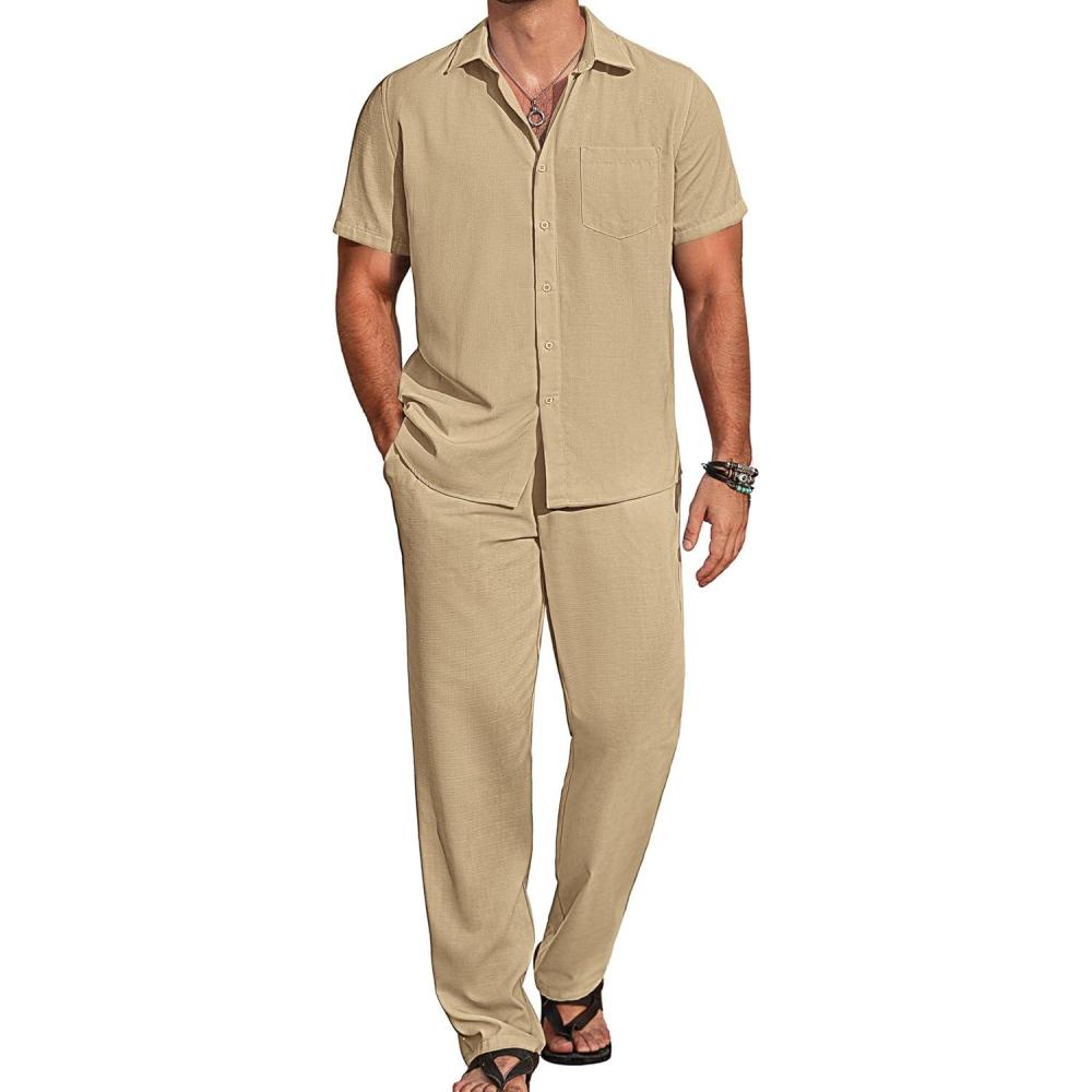 imageCOOFANDY Mens 2 Piece Casual Beach Outfits Short Sleeve Button Down Shirts Summer Loose Pant Sets Vacation Walking OutfitsKhaki