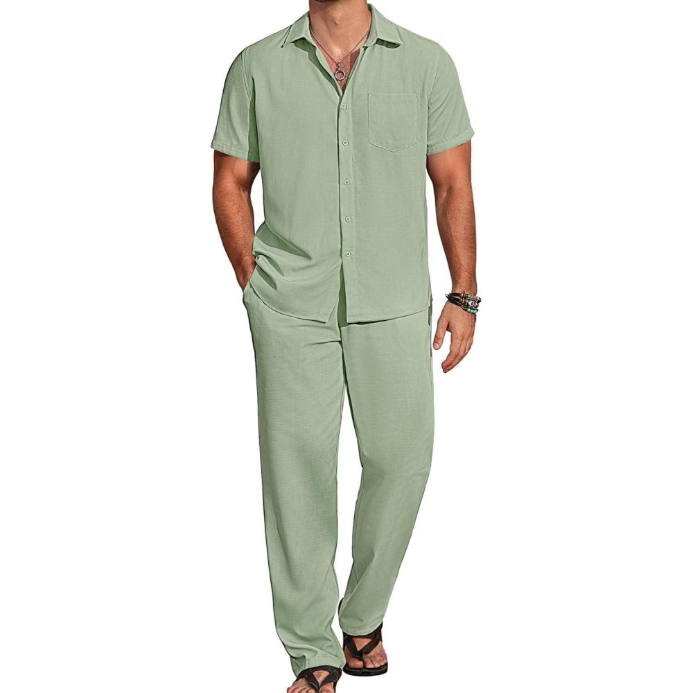 imageCOOFANDY Mens 2 Piece Casual Beach Outfits Short Sleeve Button Down Shirts Summer Loose Pant Sets Vacation Walking OutfitsLight Green