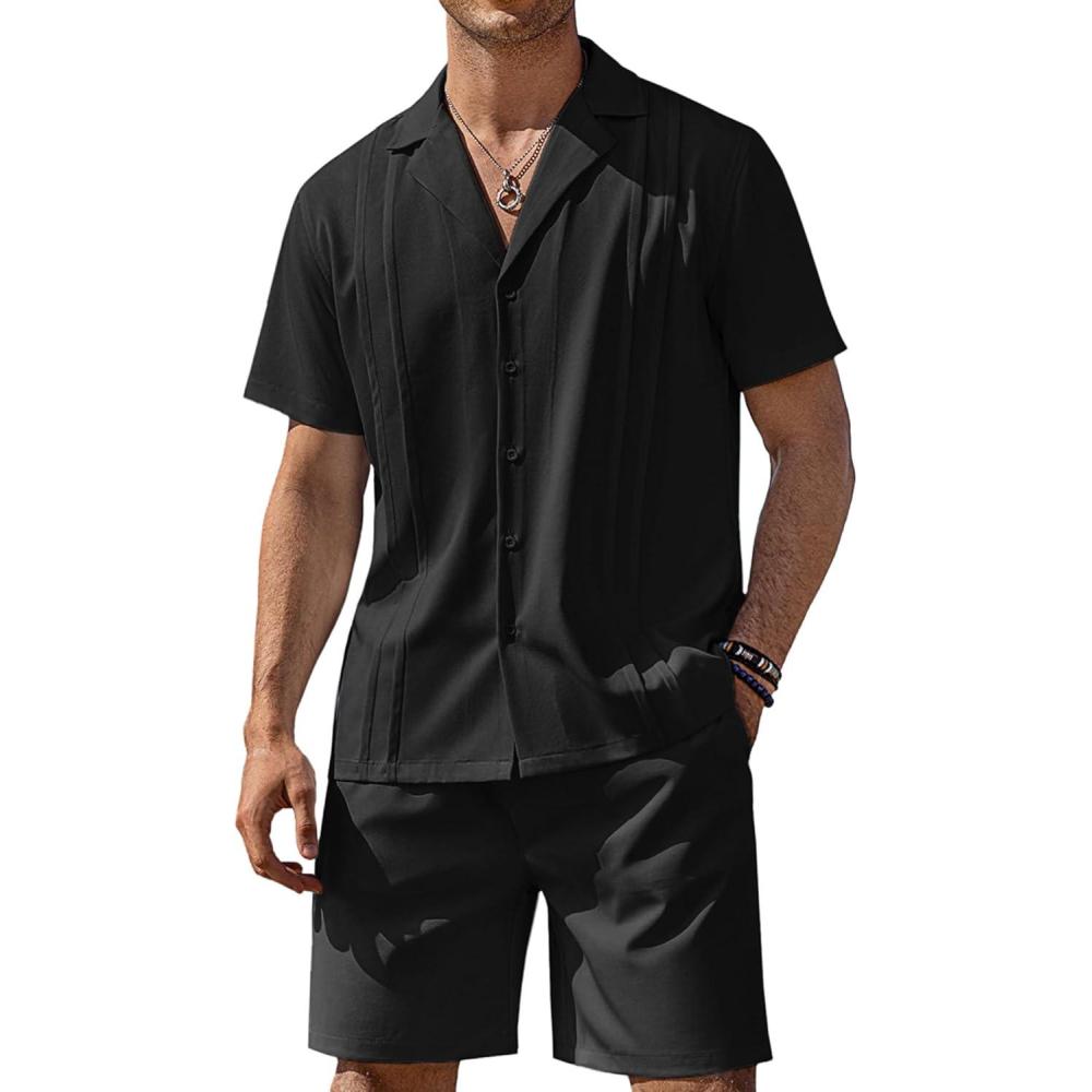 imageCOOFANDY Mens 2 Piece Short Set Guayabera Button Down Shirt Casual Summer Beach OutfitsBlack