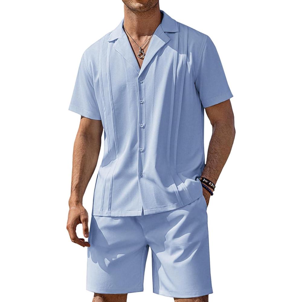 imageCOOFANDY Mens 2 Piece Short Set Guayabera Button Down Shirt Casual Summer Beach OutfitsLight Blue