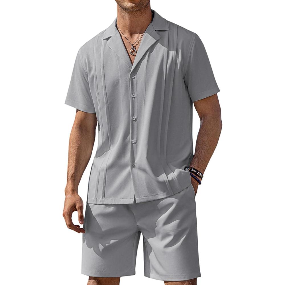 imageCOOFANDY Mens 2 Piece Short Set Guayabera Button Down Shirt Casual Summer Beach OutfitsLight Gray
