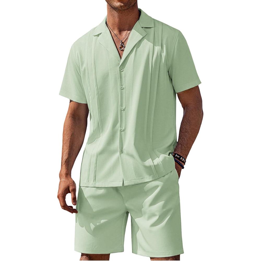 imageCOOFANDY Mens 2 Piece Short Set Guayabera Button Down Shirt Casual Summer Beach OutfitsLight Green