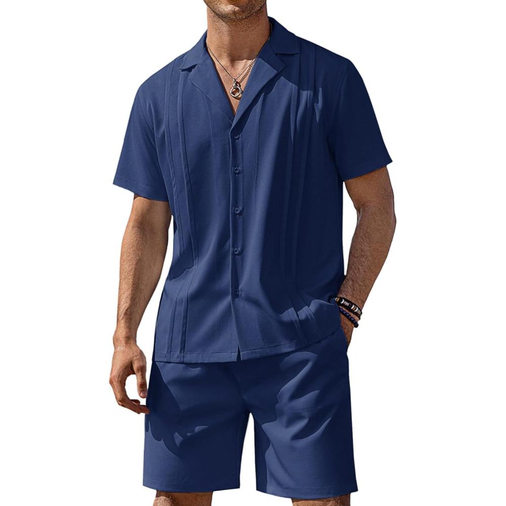 imageCOOFANDY Mens 2 Piece Short Set Guayabera Button Down Shirt Casual Summer Beach OutfitsNavy Blue