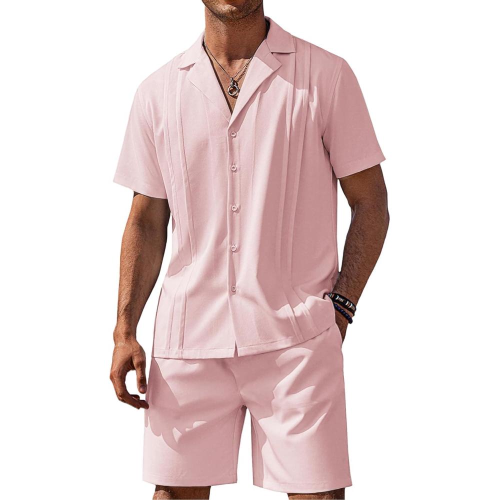 imageCOOFANDY Mens 2 Piece Short Set Guayabera Button Down Shirt Casual Summer Beach OutfitsPink