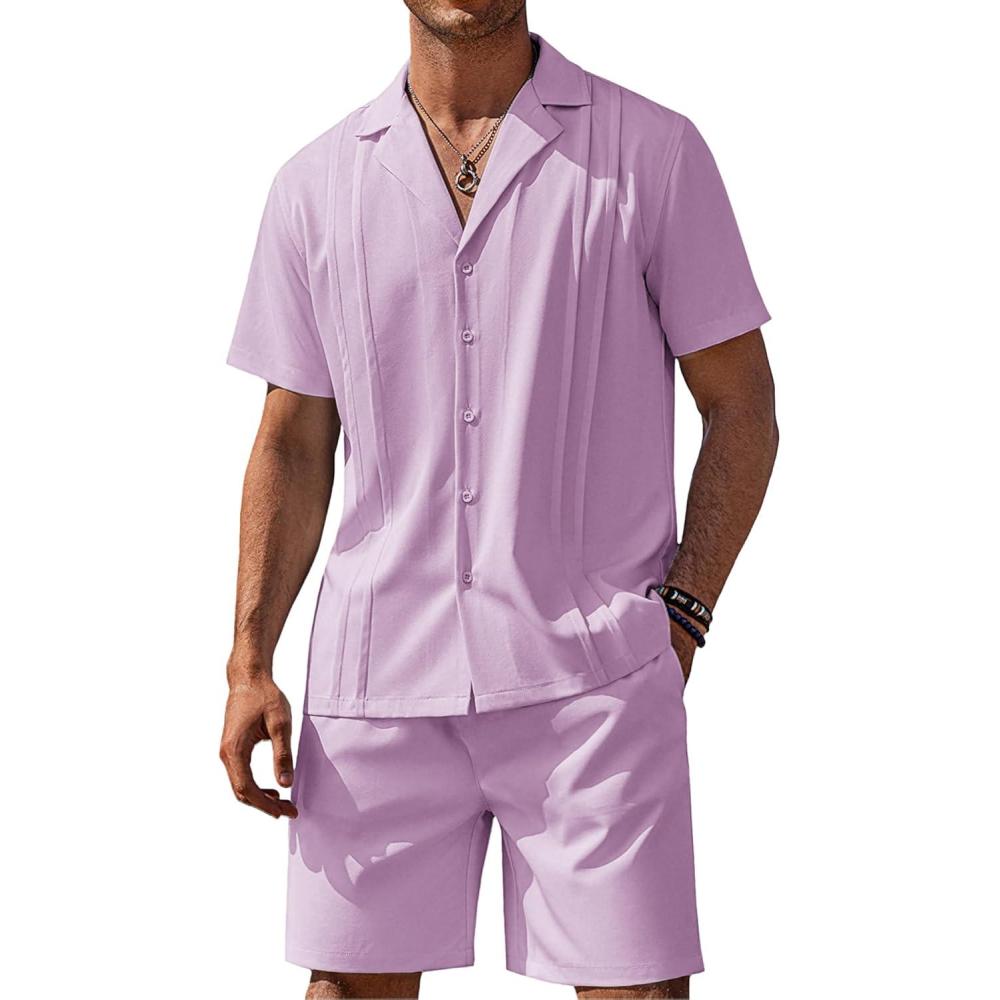 imageCOOFANDY Mens 2 Piece Short Set Guayabera Button Down Shirt Casual Summer Beach OutfitsPurple