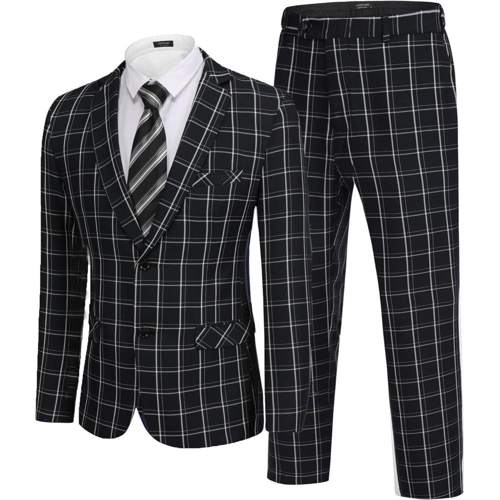 imageCOOFANDY Mens 2 Piece Suits Classic Fit 2 Button Dress Suits Tuxedo Jacket Blazer for Wedding Business Dinner PromBlack Plaid