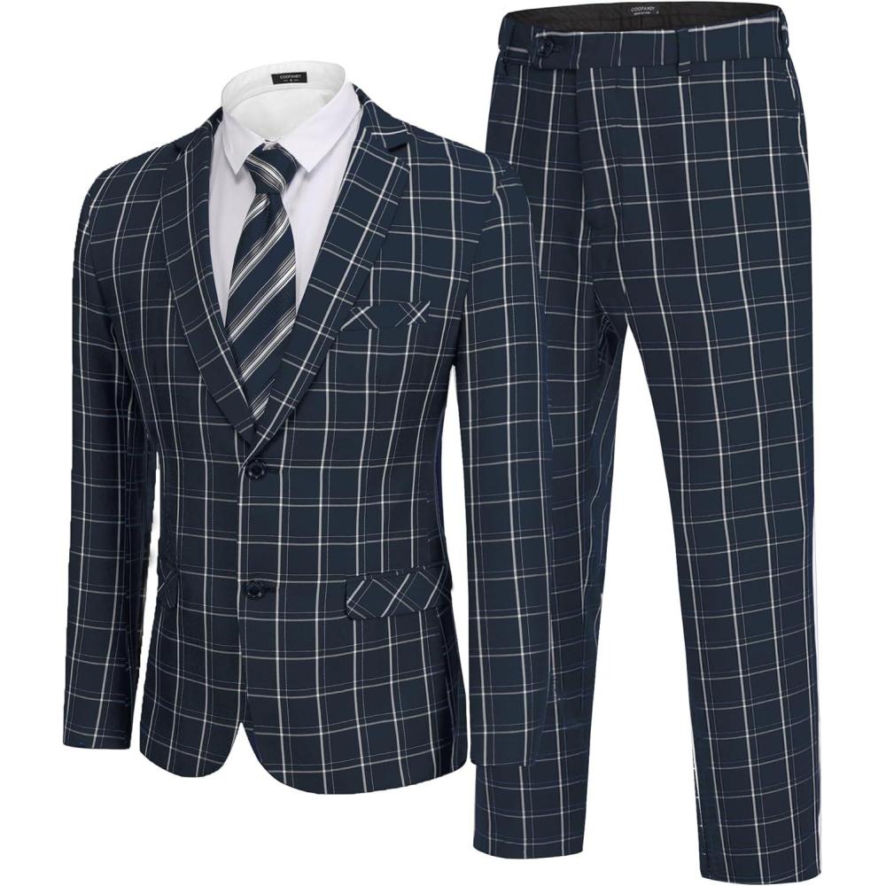 imageCOOFANDY Mens 2 Piece Suits Classic Fit 2 Button Dress Suits Tuxedo Jacket Blazer for Wedding Business Dinner PromNavy Blue Plaid