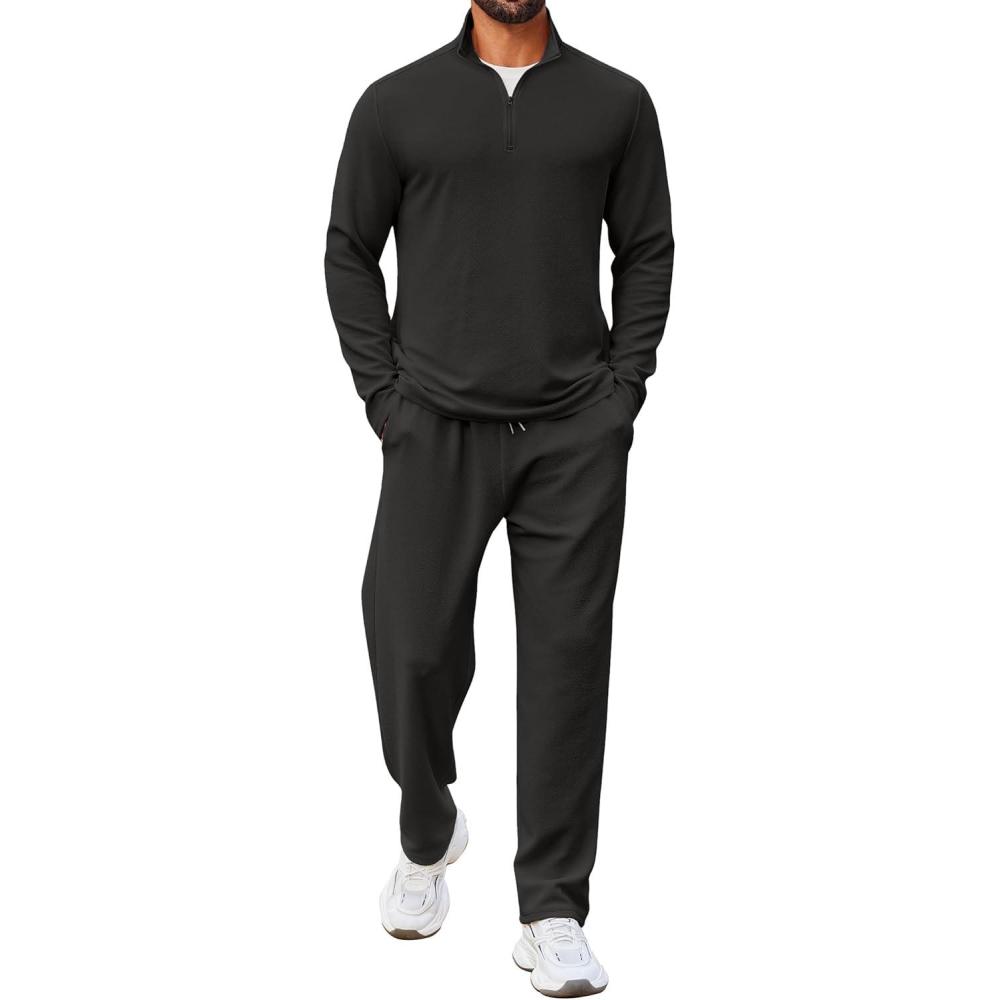 imageCOOFANDY Mens 2 Piece Tracksuit Set Quarter Zip Sweatsuit Athletic Running Suit Sets Long Sleeve Casual OutfitsAll Black