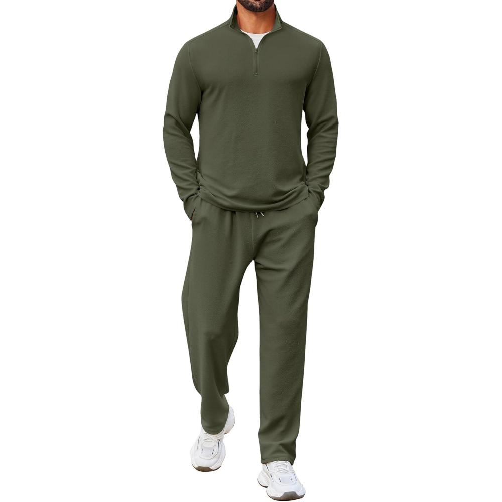 imageCOOFANDY Mens 2 Piece Tracksuit Set Quarter Zip Sweatsuit Athletic Running Suit Sets Long Sleeve Casual OutfitsArmy Green