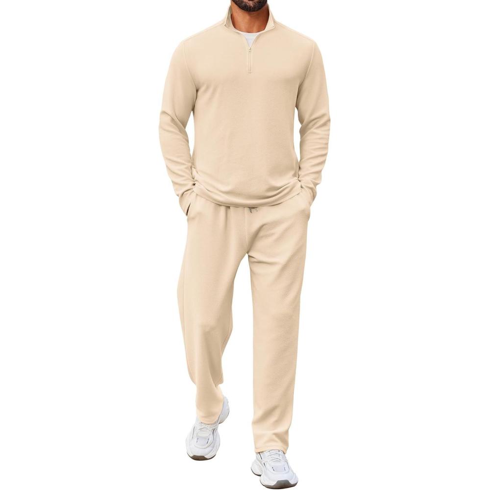 imageCOOFANDY Mens 2 Piece Tracksuit Set Quarter Zip Sweatsuit Athletic Running Suit Sets Long Sleeve Casual OutfitsBeige