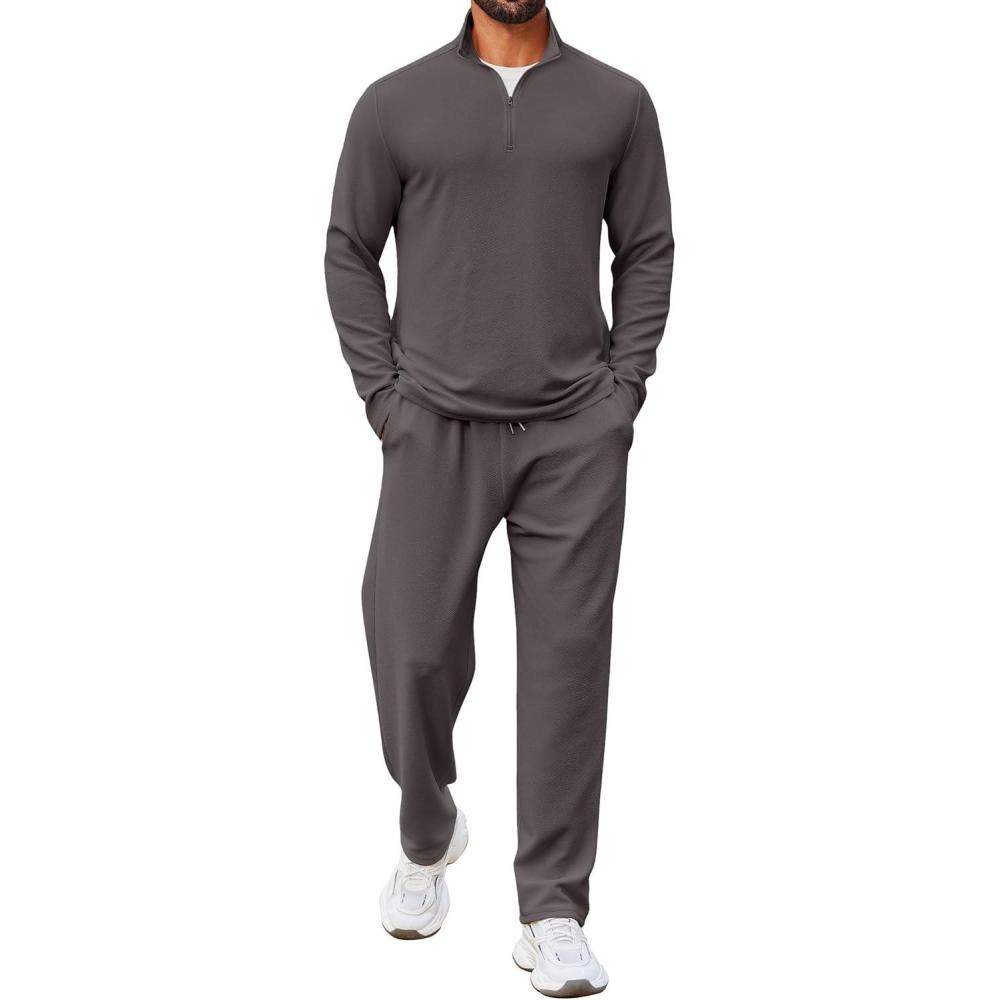 imageCOOFANDY Mens 2 Piece Tracksuit Set Quarter Zip Sweatsuit Athletic Running Suit Sets Long Sleeve Casual OutfitsDark Grey