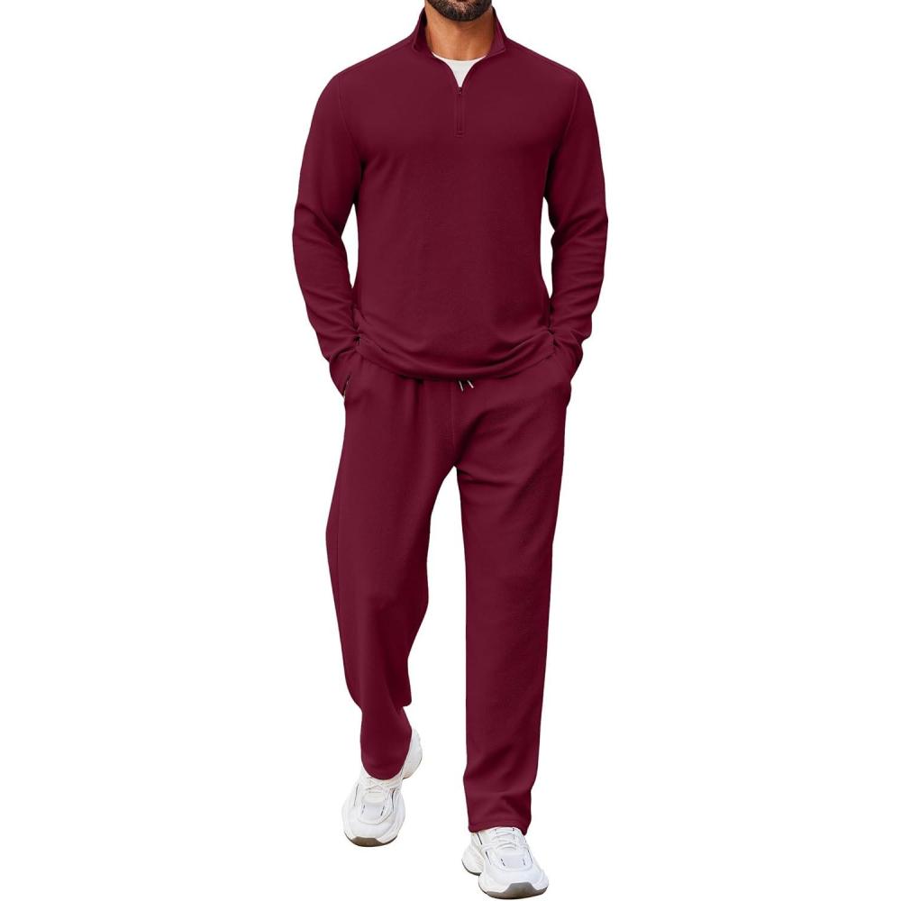 imageCOOFANDY Mens 2 Piece Tracksuit Set Quarter Zip Sweatsuit Athletic Running Suit Sets Long Sleeve Casual OutfitsDark Red