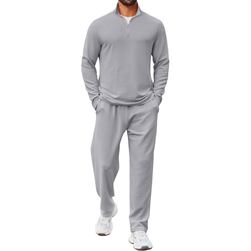 imageCOOFANDY Mens 2 Piece Tracksuit Set Quarter Zip Sweatsuit Athletic Running Suit Sets Long Sleeve Casual OutfitsGrey