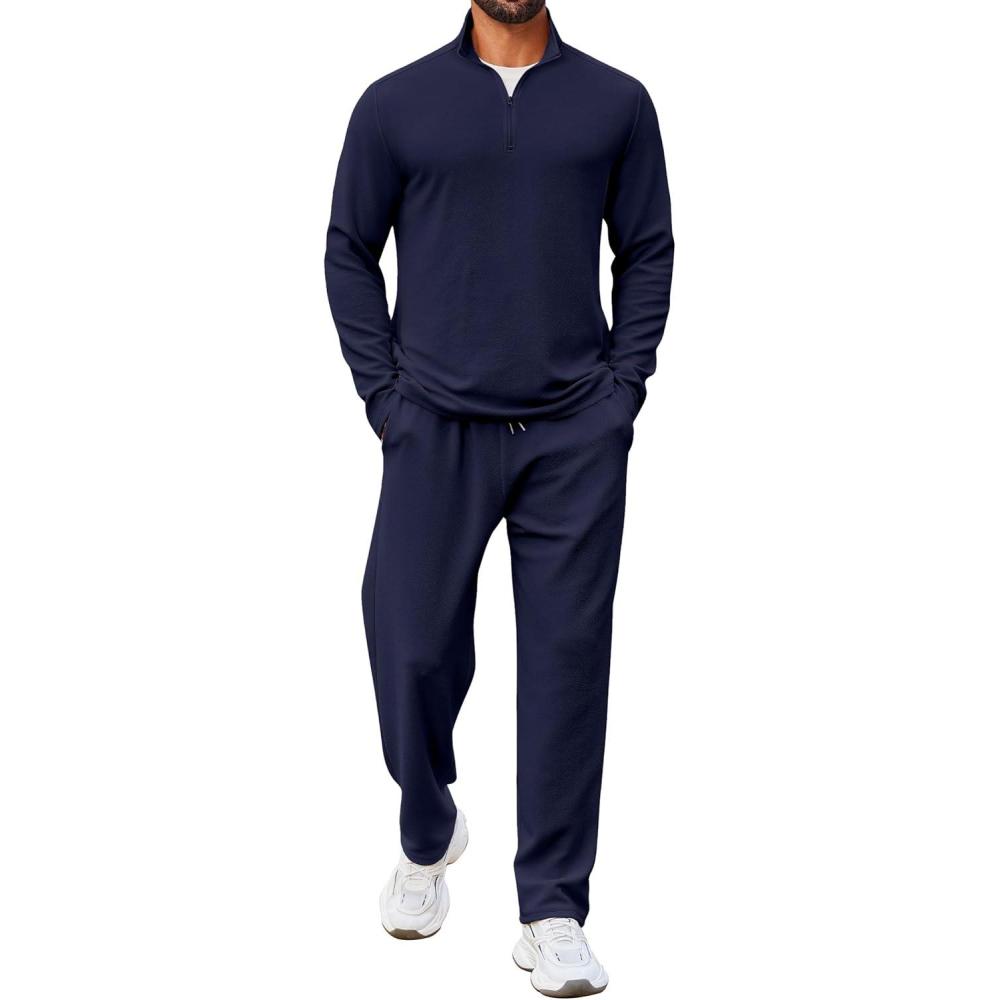imageCOOFANDY Mens 2 Piece Tracksuit Set Quarter Zip Sweatsuit Athletic Running Suit Sets Long Sleeve Casual OutfitsNavy Blue