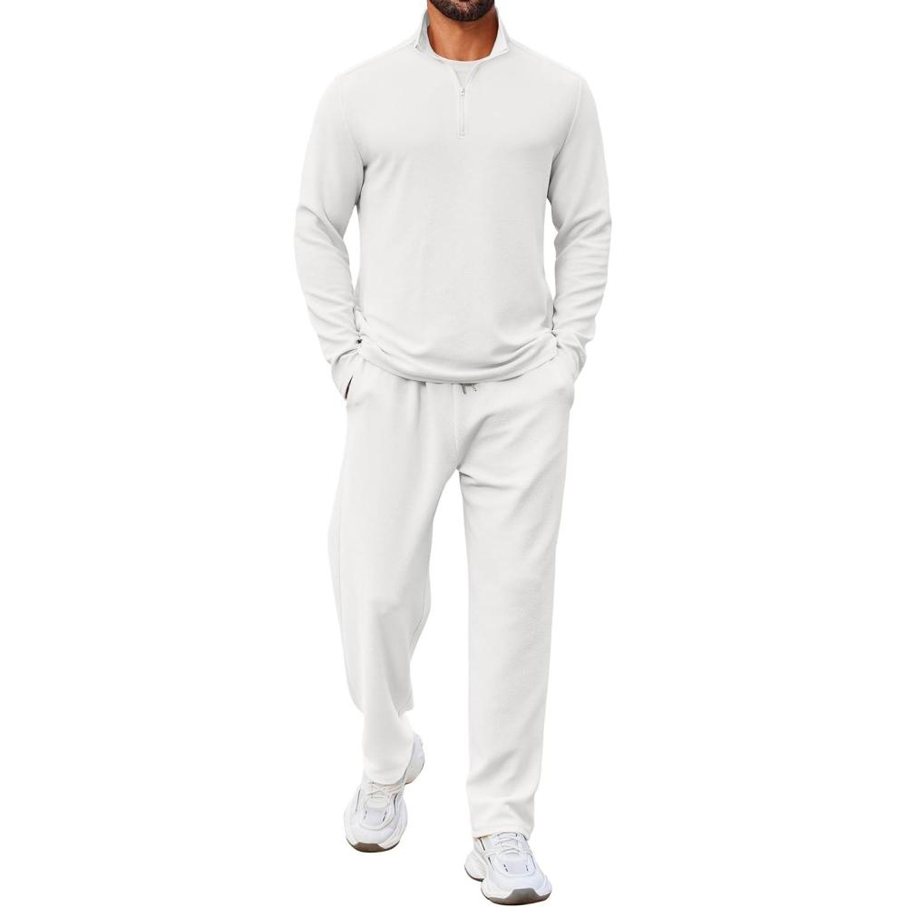 imageCOOFANDY Mens 2 Piece Tracksuit Set Quarter Zip Sweatsuit Athletic Running Suit Sets Long Sleeve Casual OutfitsWhite