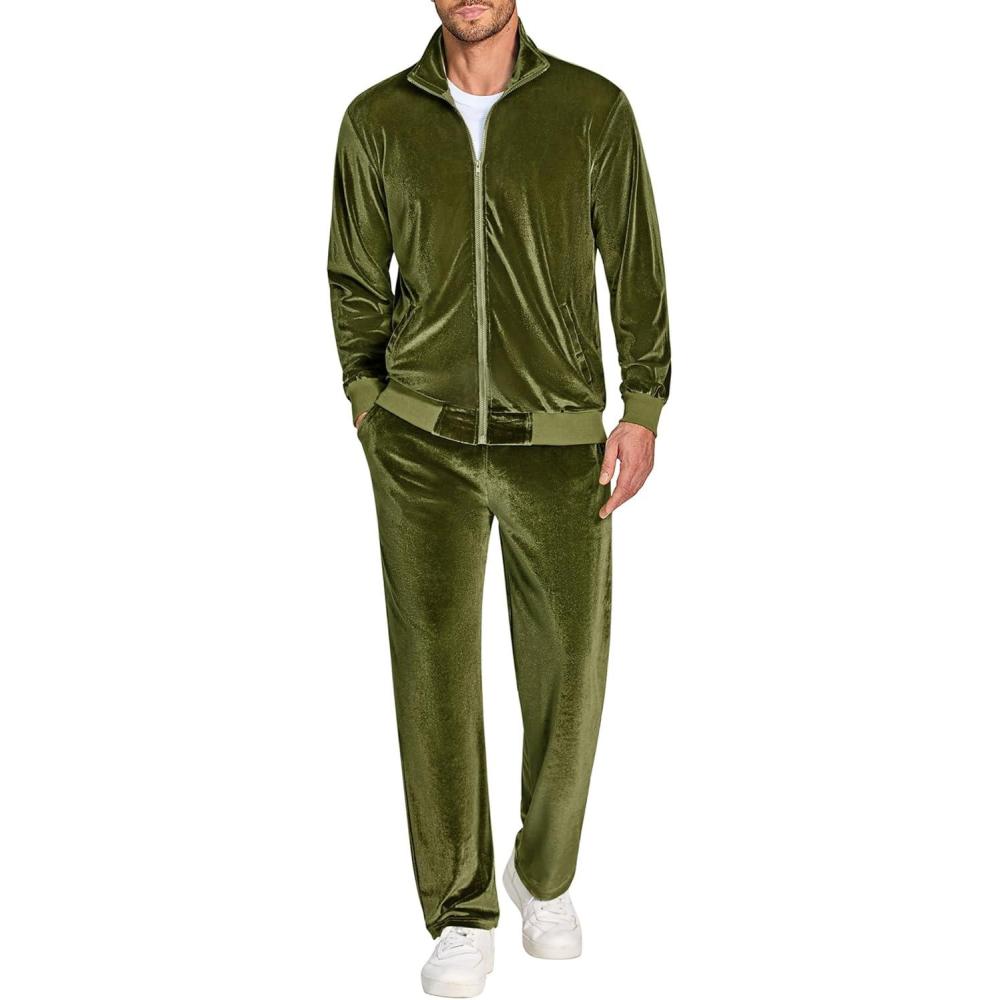 imageCOOFANDY Mens 2 Piece Velour Tracksuit Full Zip Jackets Pants Velvet Jogging Suits Sweatsuit SetArmy Green