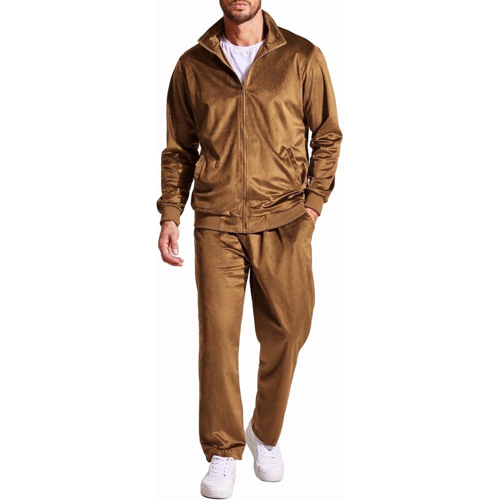 imageCOOFANDY Mens 2 Piece Velour Tracksuit Full Zip Jackets Pants Velvet Jogging Suits Sweatsuit SetBrown