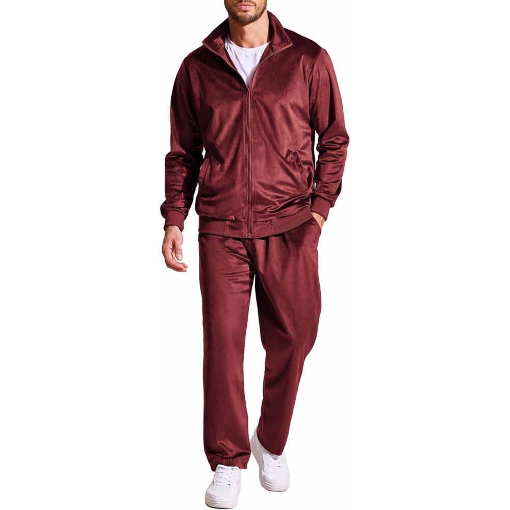 imageCOOFANDY Mens 2 Piece Velour Tracksuit Full Zip Jackets Pants Velvet Jogging Suits Sweatsuit SetBurgundy