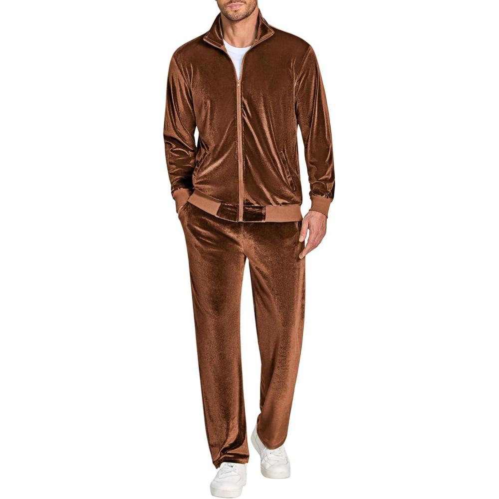 imageCOOFANDY Mens 2 Piece Velour Tracksuit Full Zip Jackets Pants Velvet Jogging Suits Sweatsuit SetDark Brown