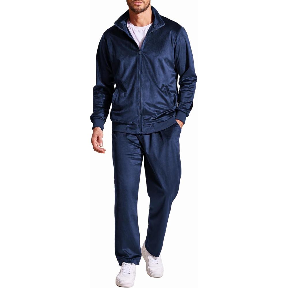 imageCOOFANDY Mens 2 Piece Velour Tracksuit Full Zip Jackets Pants Velvet Jogging Suits Sweatsuit SetNavy