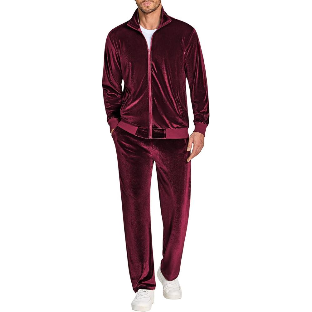 imageCOOFANDY Mens 2 Piece Velour Tracksuit Full Zip Jackets Pants Velvet Jogging Suits Sweatsuit SetWine Red