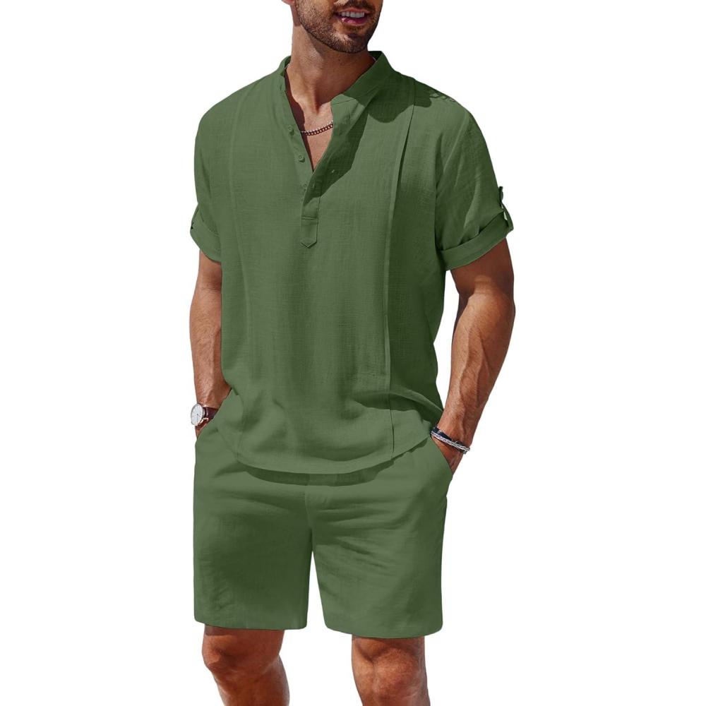 imageCOOFANDY Mens 2 Pieces Linen Set Henley Shirt Short Sleeve and Shorts Summer Beach Yoga Matching OutfitsArmy Green