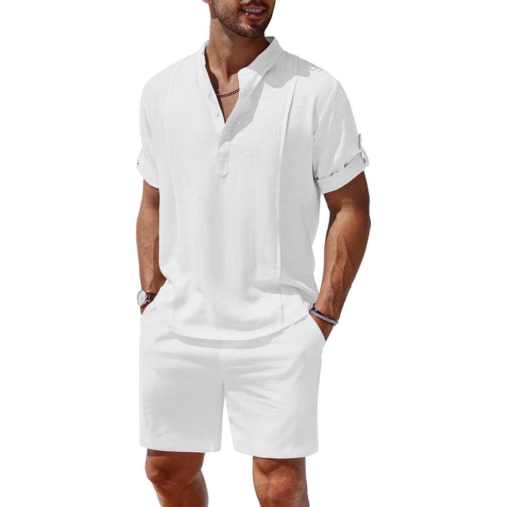 imageCOOFANDY Mens 2 Pieces Linen Set Henley Shirt Short Sleeve and Shorts Summer Beach Yoga Matching OutfitsAwhite