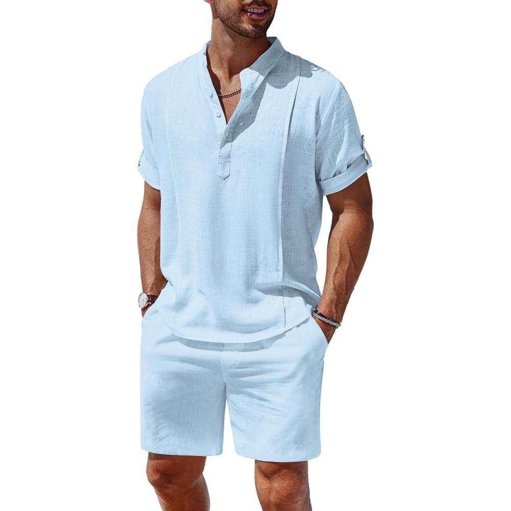 imageCOOFANDY Mens 2 Pieces Linen Set Henley Shirt Short Sleeve and Shorts Summer Beach Yoga Matching OutfitsLight Blue