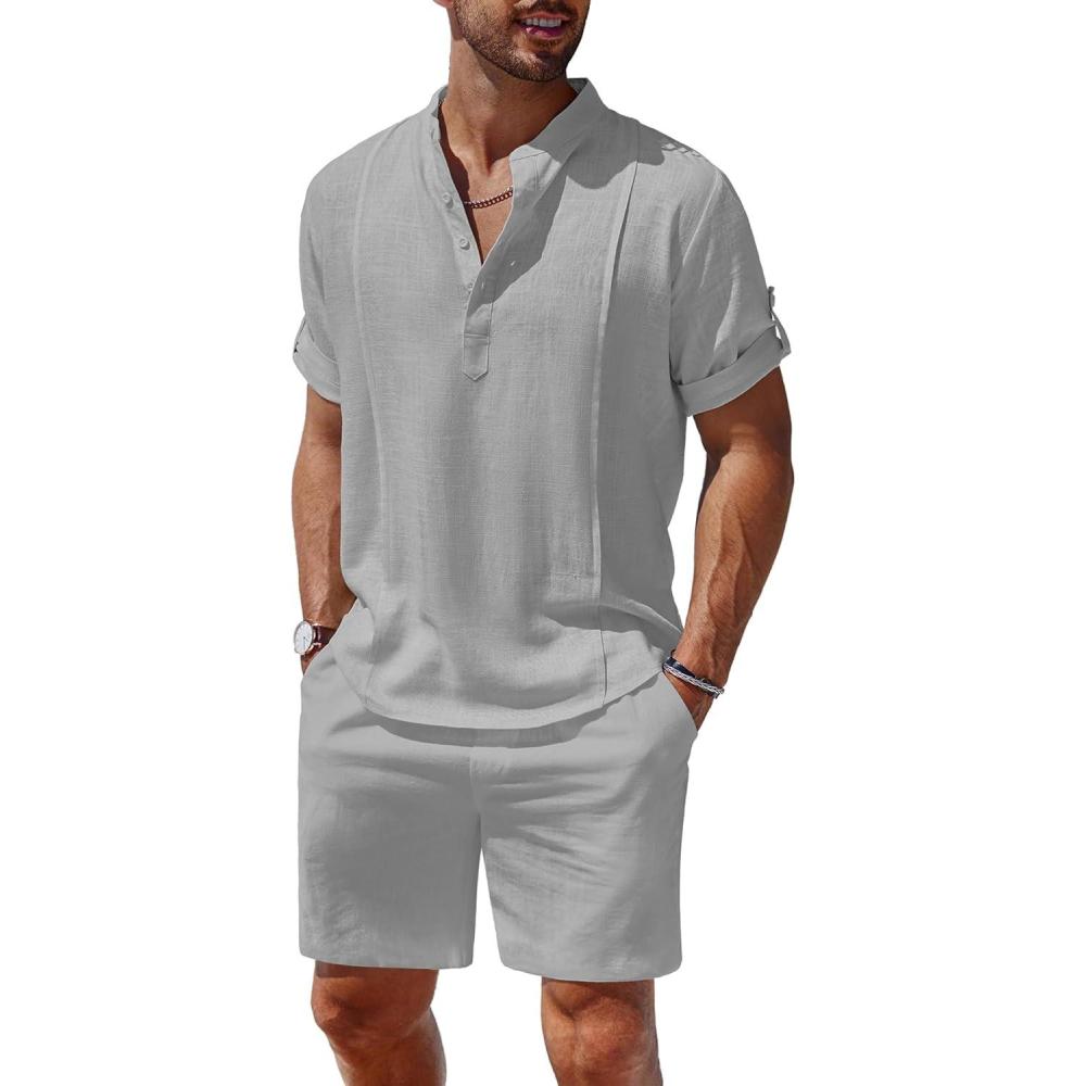 imageCOOFANDY Mens 2 Pieces Linen Set Henley Shirt Short Sleeve and Shorts Summer Beach Yoga Matching OutfitsLight Grey