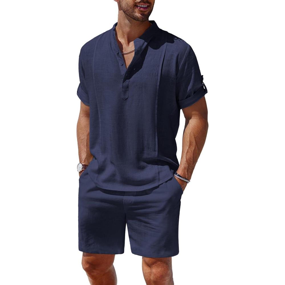 imageCOOFANDY Mens 2 Pieces Linen Set Henley Shirt Short Sleeve and Shorts Summer Beach Yoga Matching OutfitsNavy Blue