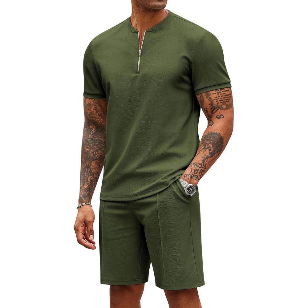 imageCOOFANDY Mens 2 Pieces Outfits Casual Quarter Zip Polo T Shirt and Shorts Set Athletic Jogging Summer TracksuitArmy Green