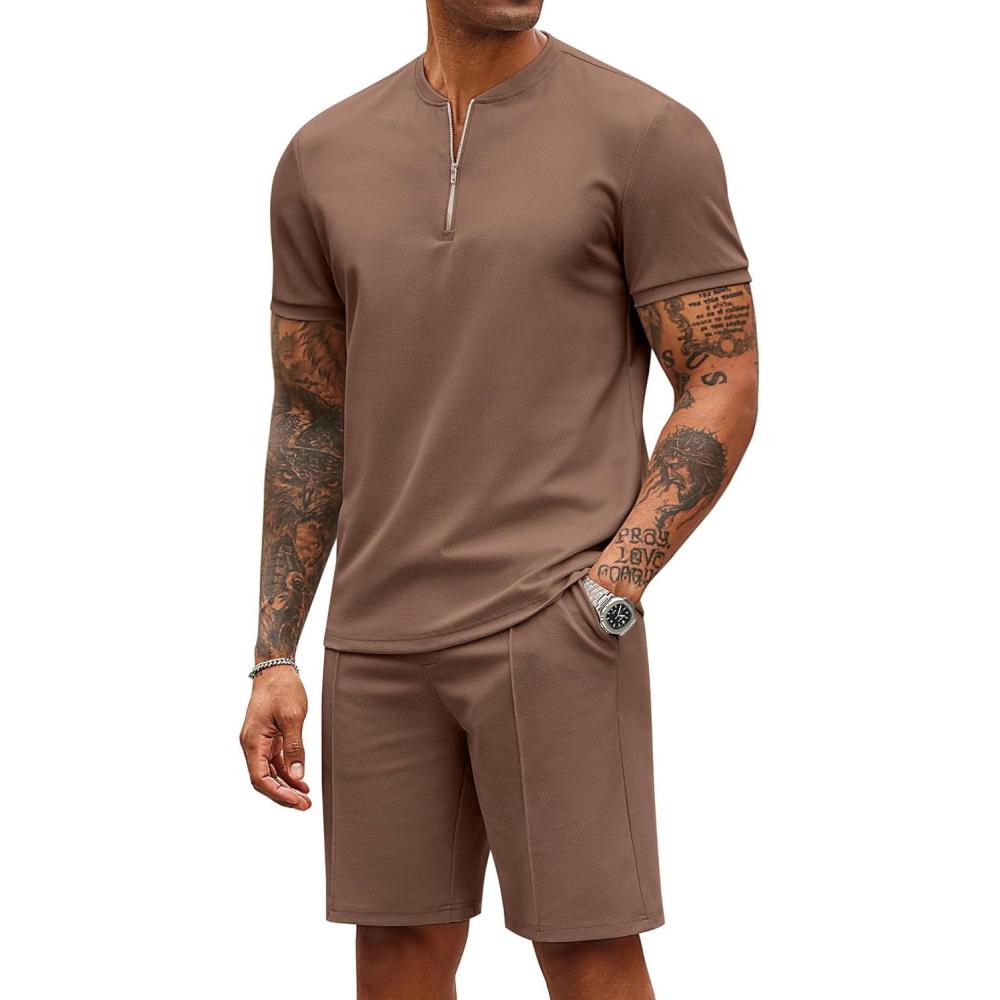 imageCOOFANDY Mens 2 Pieces Outfits Casual Quarter Zip Polo T Shirt and Shorts Set Athletic Jogging Summer TracksuitBrown