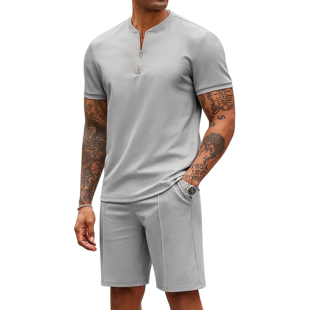 imageCOOFANDY Mens 2 Pieces Outfits Casual Quarter Zip Polo T Shirt and Shorts Set Athletic Jogging Summer TracksuitLight Grey