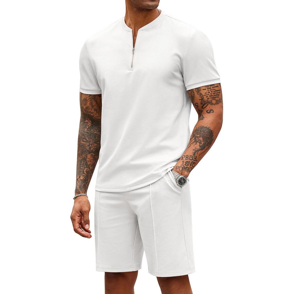 imageCOOFANDY Mens 2 Pieces Outfits Casual Quarter Zip Polo T Shirt and Shorts Set Athletic Jogging Summer TracksuitWhite