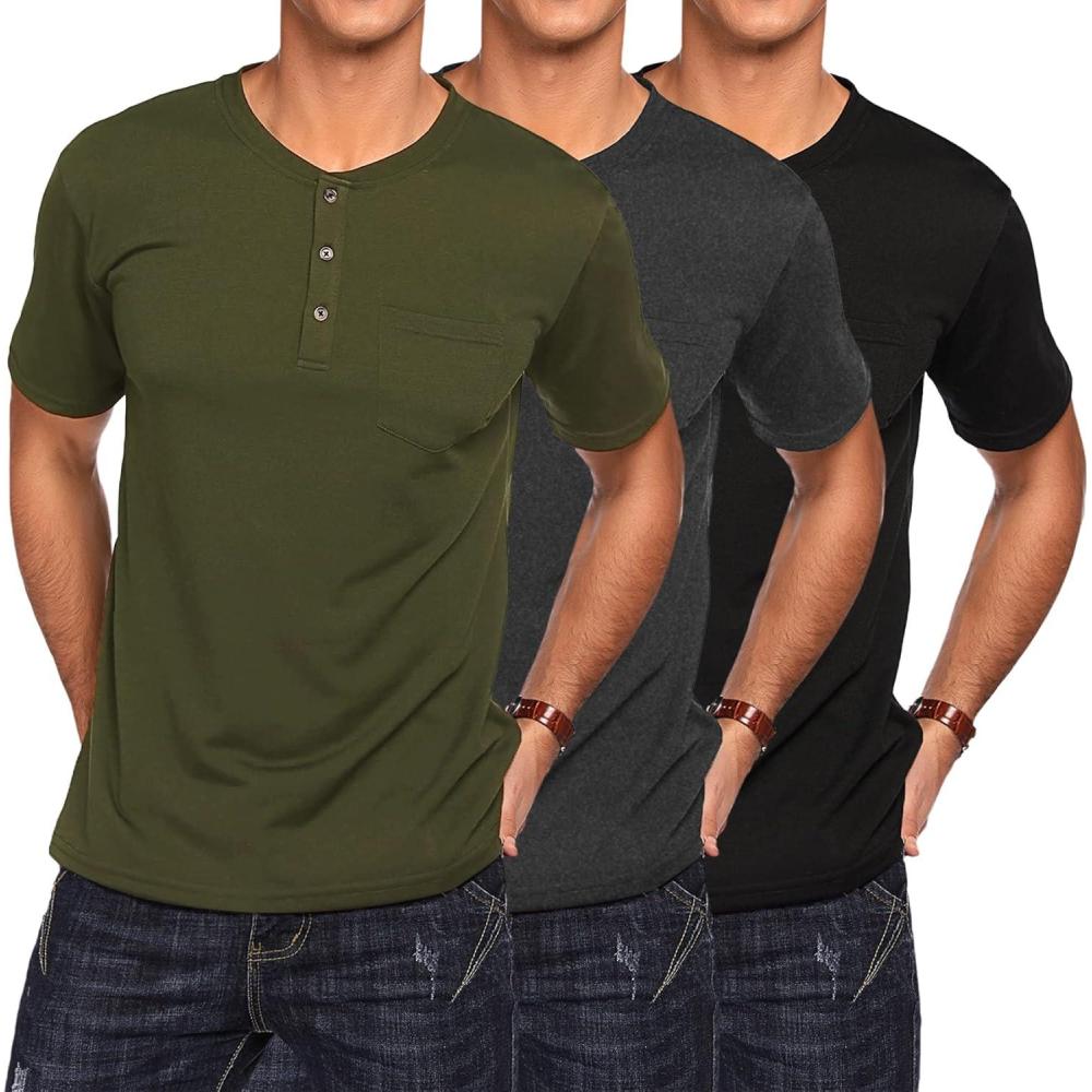 imageCOOFANDY Mens 3 Pack Henley Shirts Short Sleeve Casual Basic Tees Classic Henley Summer Solid T Shirts with Pocket01army GreenDark GrayBlack