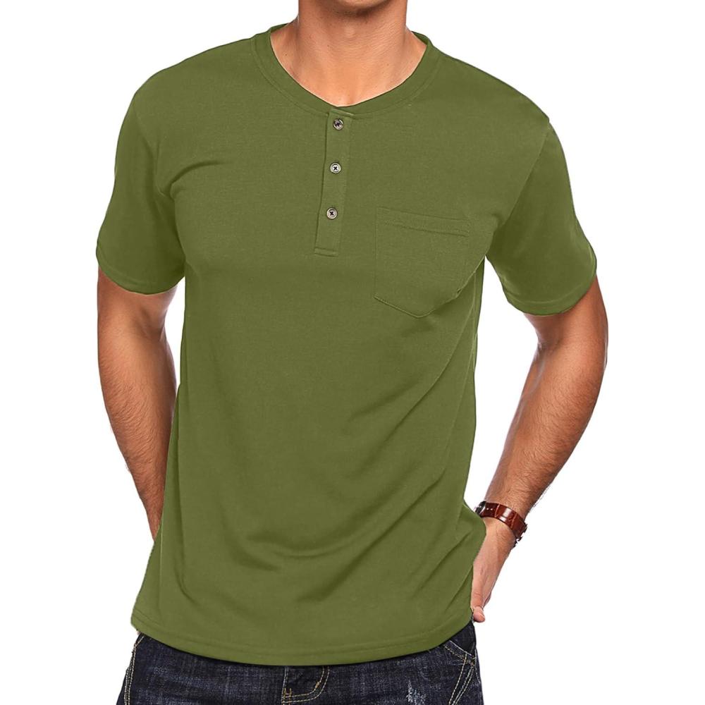imageCOOFANDY Mens 3 Pack Henley Shirts Short Sleeve Casual Basic Tees Classic Henley Summer Solid T Shirts with Pocket1 Pack Army Green