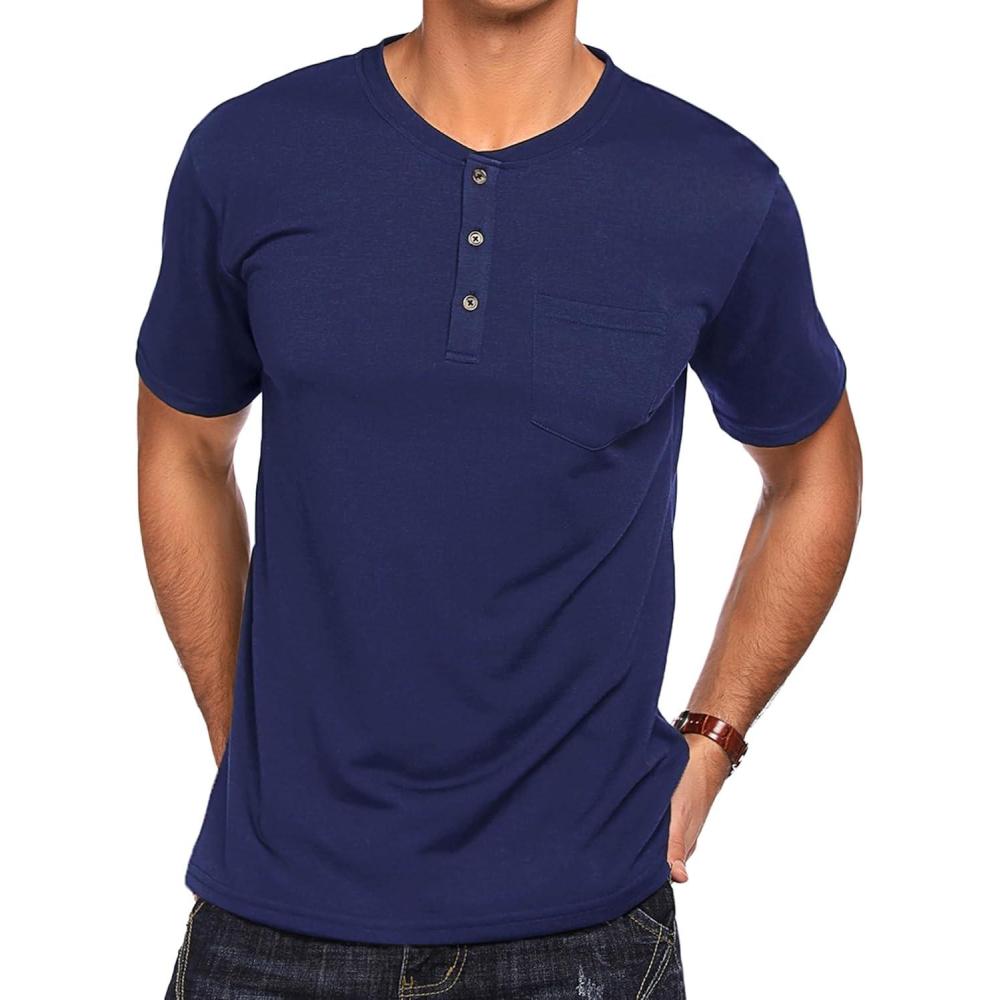 imageCOOFANDY Mens 3 Pack Henley Shirts Short Sleeve Casual Basic Tees Classic Henley Summer Solid T Shirts with Pocket1 Pack Navy Blue