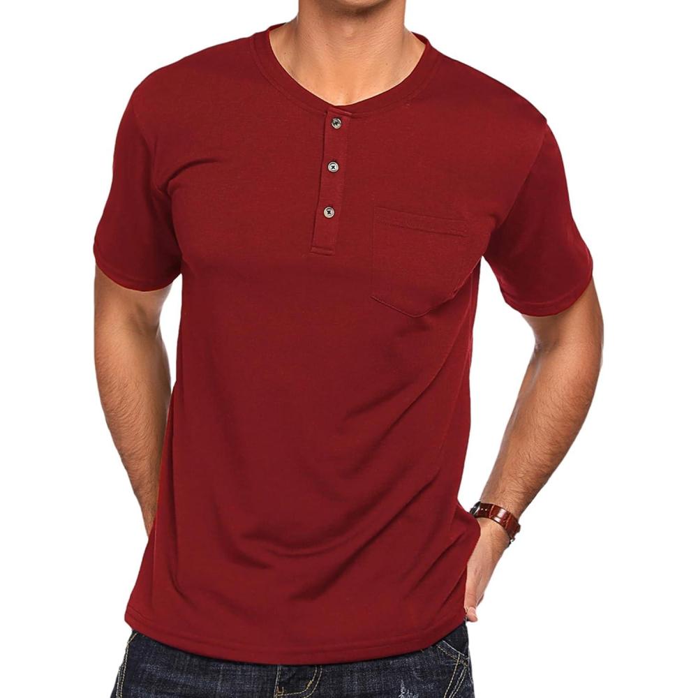 imageCOOFANDY Mens 3 Pack Henley Shirts Short Sleeve Casual Basic Tees Classic Henley Summer Solid T Shirts with Pocket1 Pack Wine Red