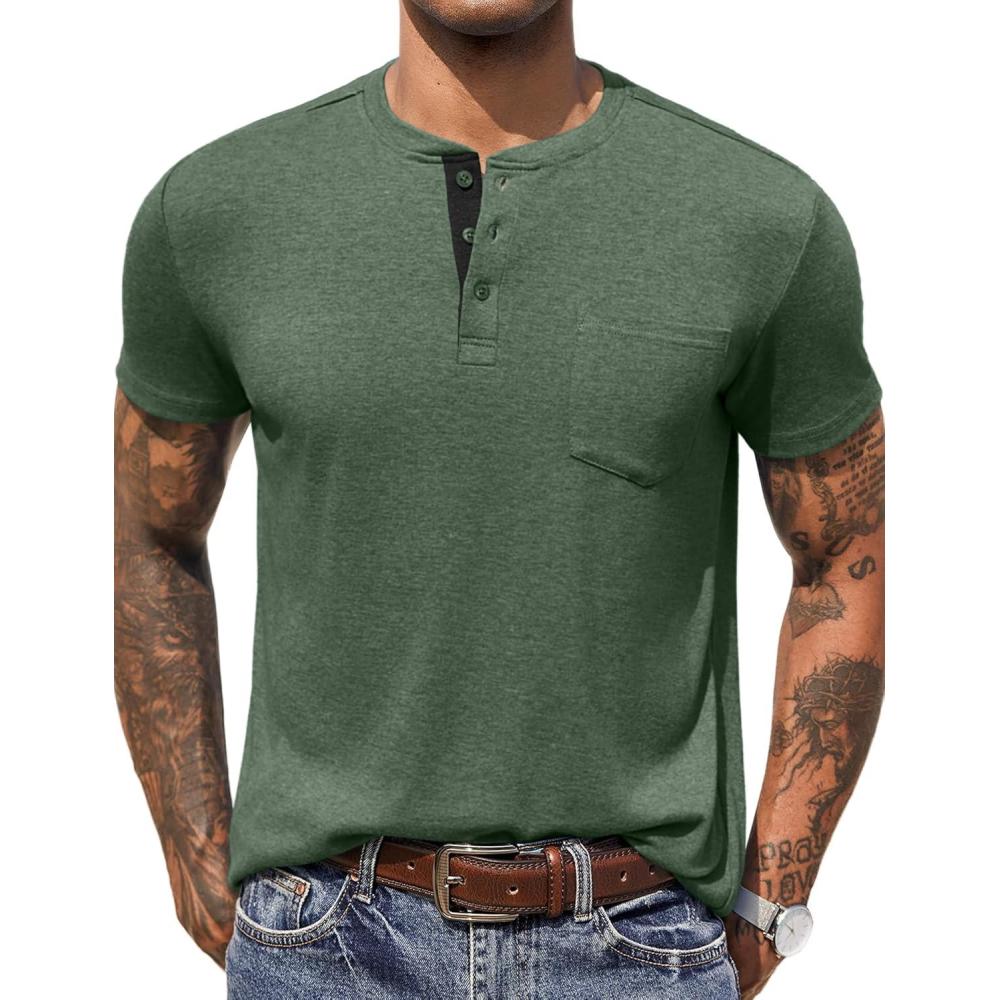 imageCOOFANDY Mens 3 Pack Henley Shirts Short Sleeve Casual Basic Tees Classic Henley Summer Solid T Shirts with PocketArmy Green