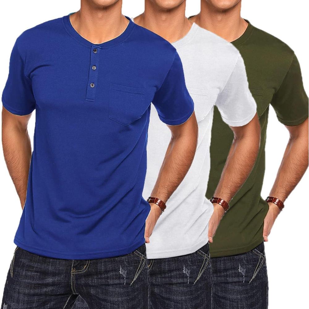 imageCOOFANDY Mens 3 Pack Henley Shirts Short Sleeve Casual Basic Tees Classic Henley Summer Solid T Shirts with PocketArmy GreenWhiteBlue