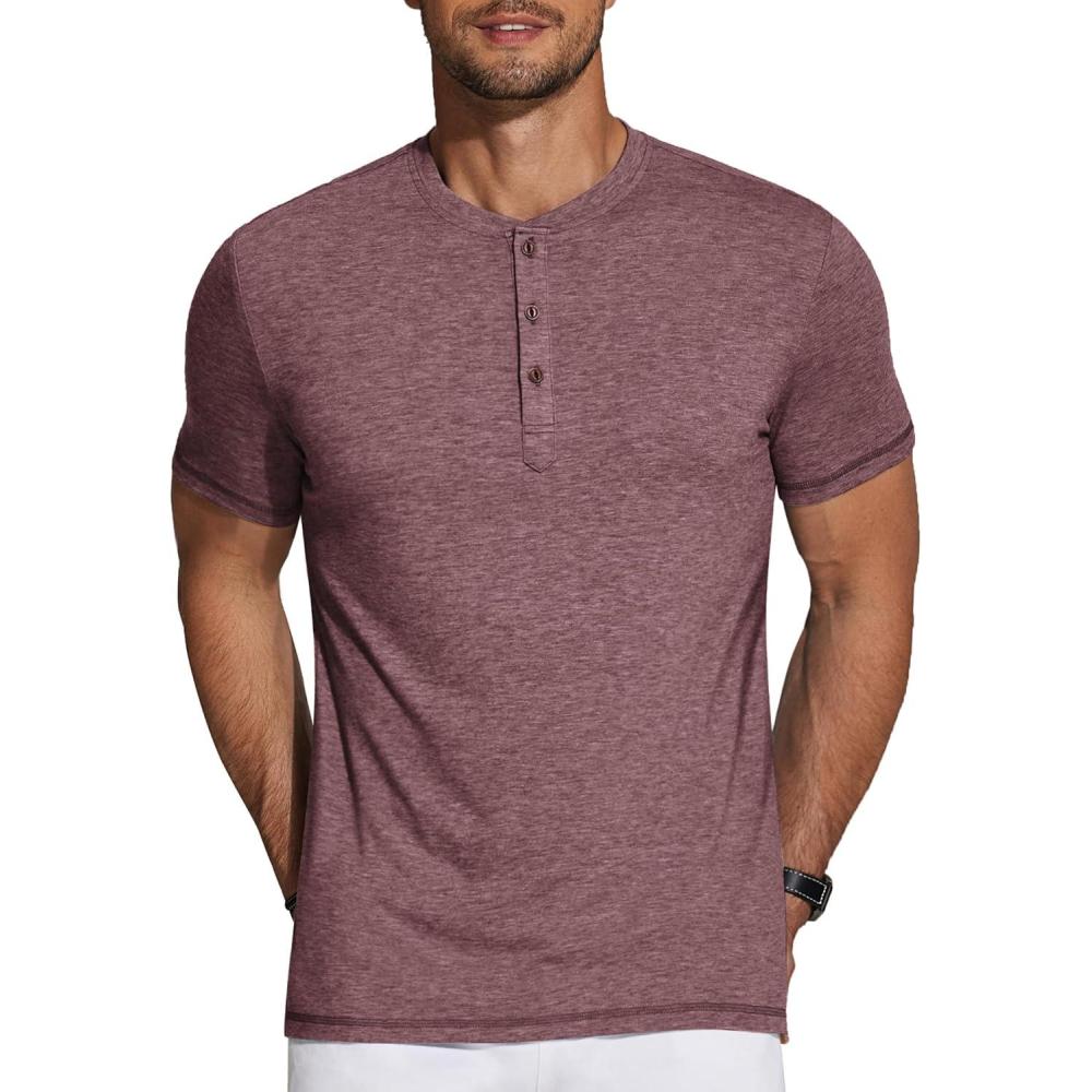 imageCOOFANDY Mens 3 Pack Henley Shirts Short Sleeve Casual Basic Tees Classic Henley Summer Solid T Shirts with PocketDark Red