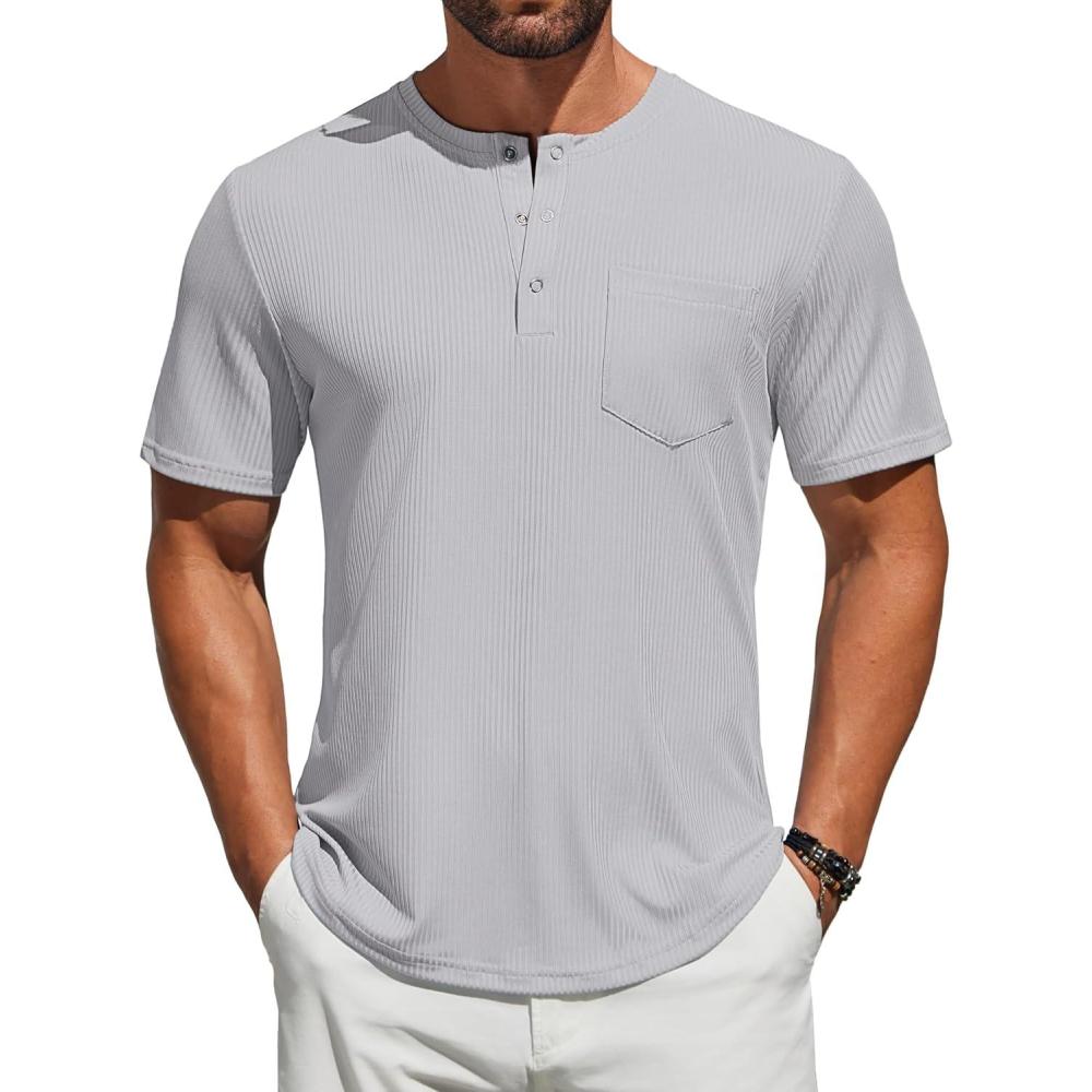 imageCOOFANDY Mens 3 Pack Henley Shirts Short Sleeve Casual Basic Tees Classic Henley Summer Solid T Shirts with PocketLight Grey