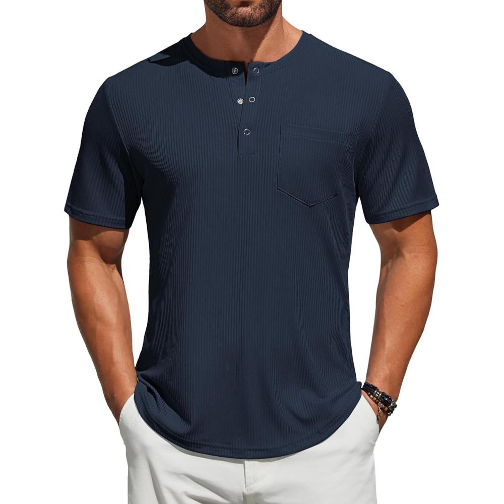 imageCOOFANDY Mens 3 Pack Henley Shirts Short Sleeve Casual Basic Tees Classic Henley Summer Solid T Shirts with PocketNavy Blue