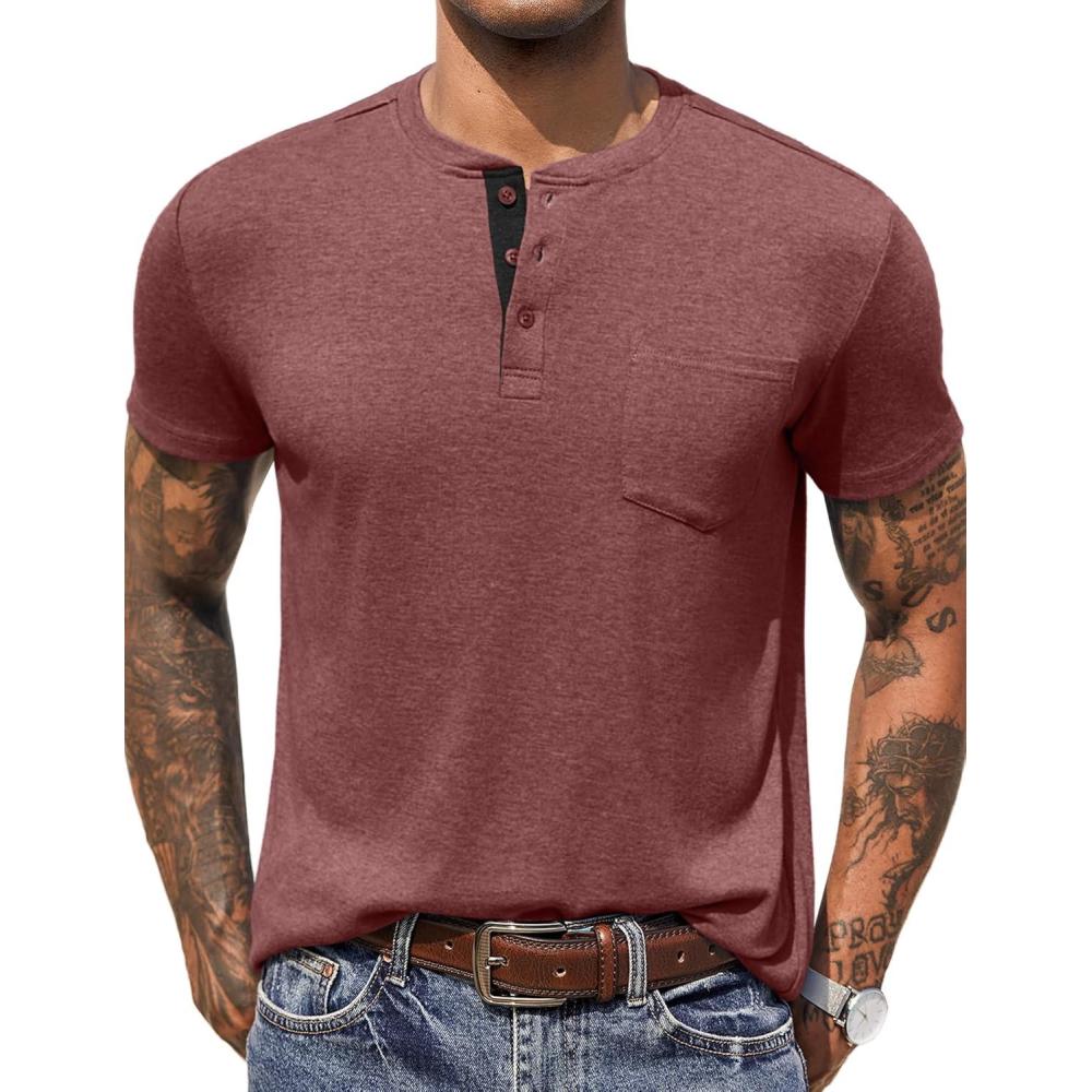 imageCOOFANDY Mens 3 Pack Henley Shirts Short Sleeve Casual Basic Tees Classic Henley Summer Solid T Shirts with PocketRed