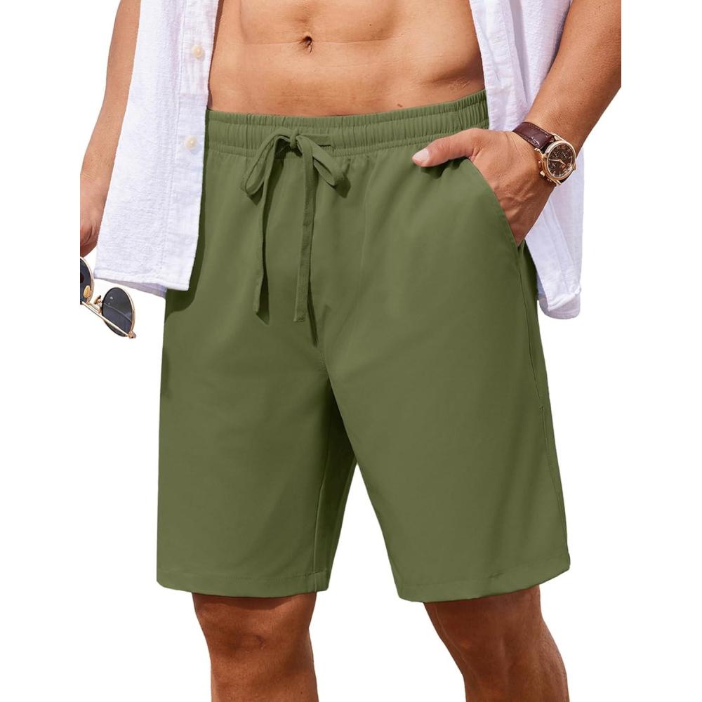 imageCOOFANDY Mens 7 inch Casual Shorts Drawstring Waist Lightweight Quick Dry Summer Beach Board Shorts with PocketsArmy Green