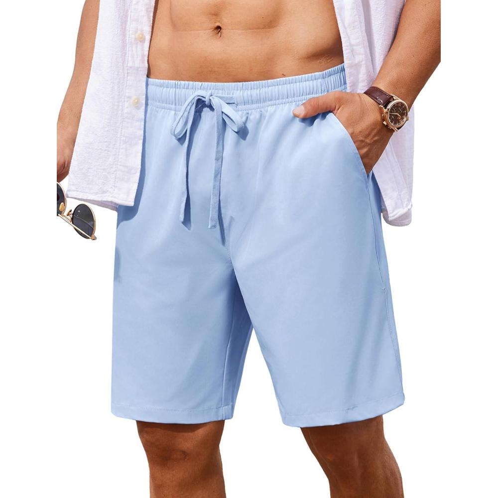 imageCOOFANDY Mens 7 inch Casual Shorts Drawstring Waist Lightweight Quick Dry Summer Beach Board Shorts with PocketsLight Blue
