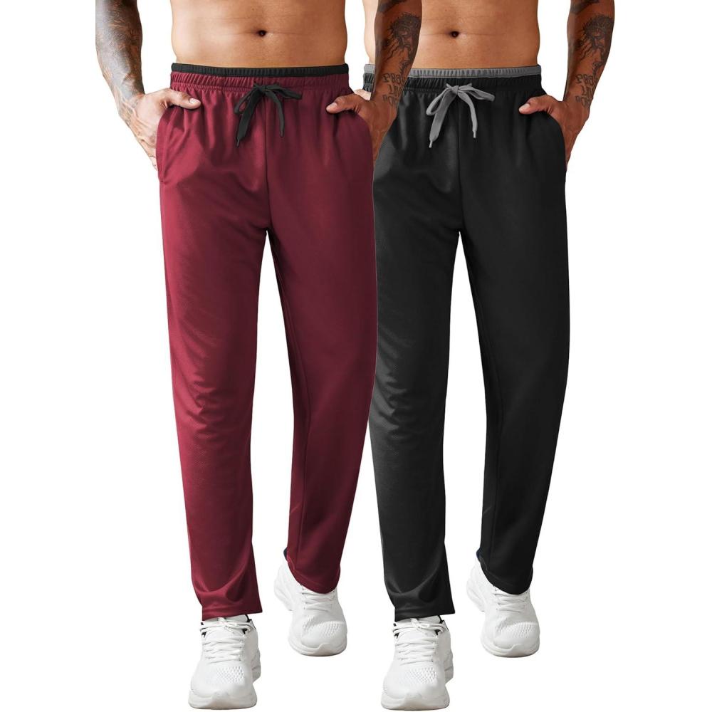 imageCOOFANDY Mens Athletic Workout Pants Open Bottom Sweatpants Mesh Gym Pants for Runnning TrainingCasualBlackRed