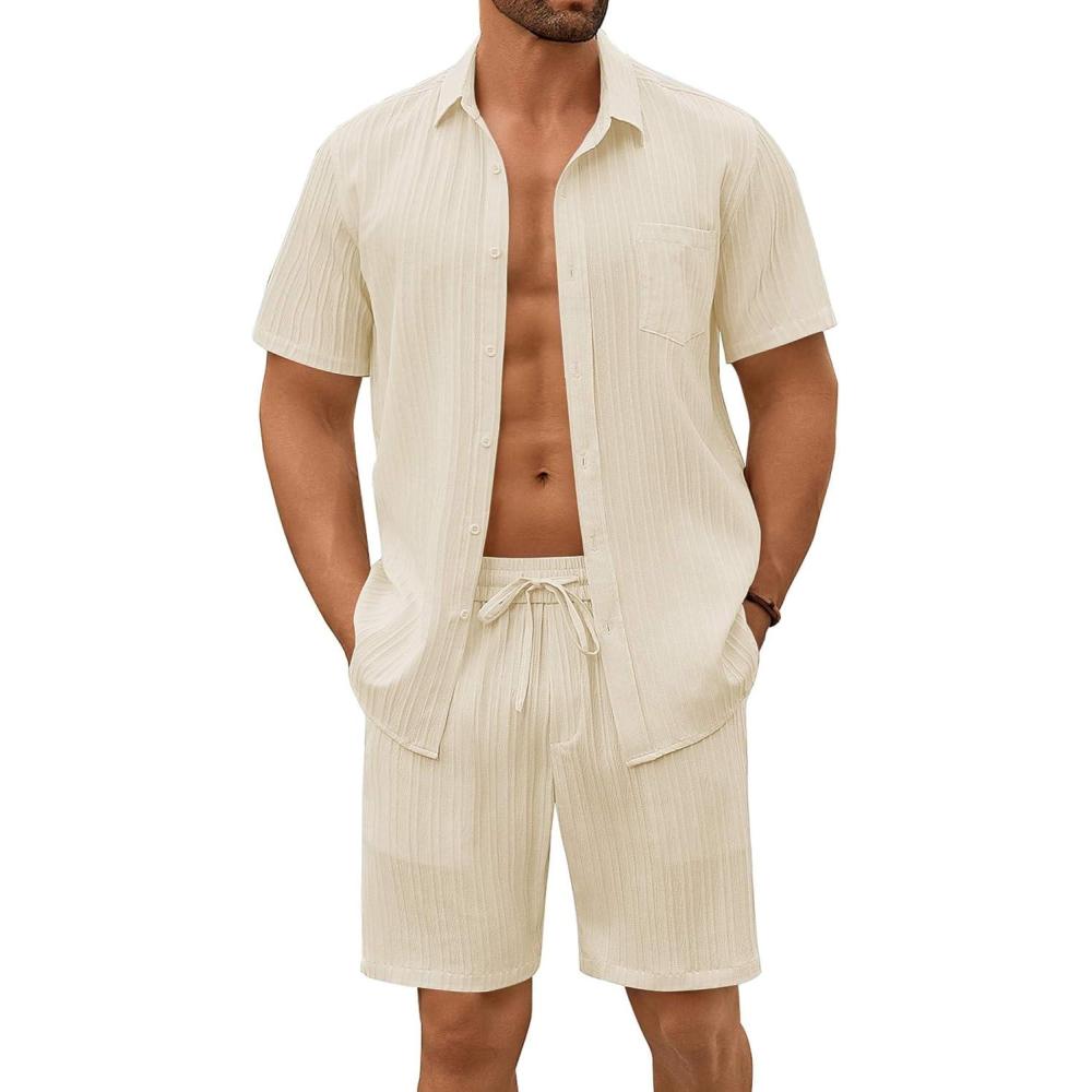 imageCOOFANDY Mens Beach Outfits 2 Piece Sets Casual Short Sleeve Button Down Summer Textured ShirtBeige
