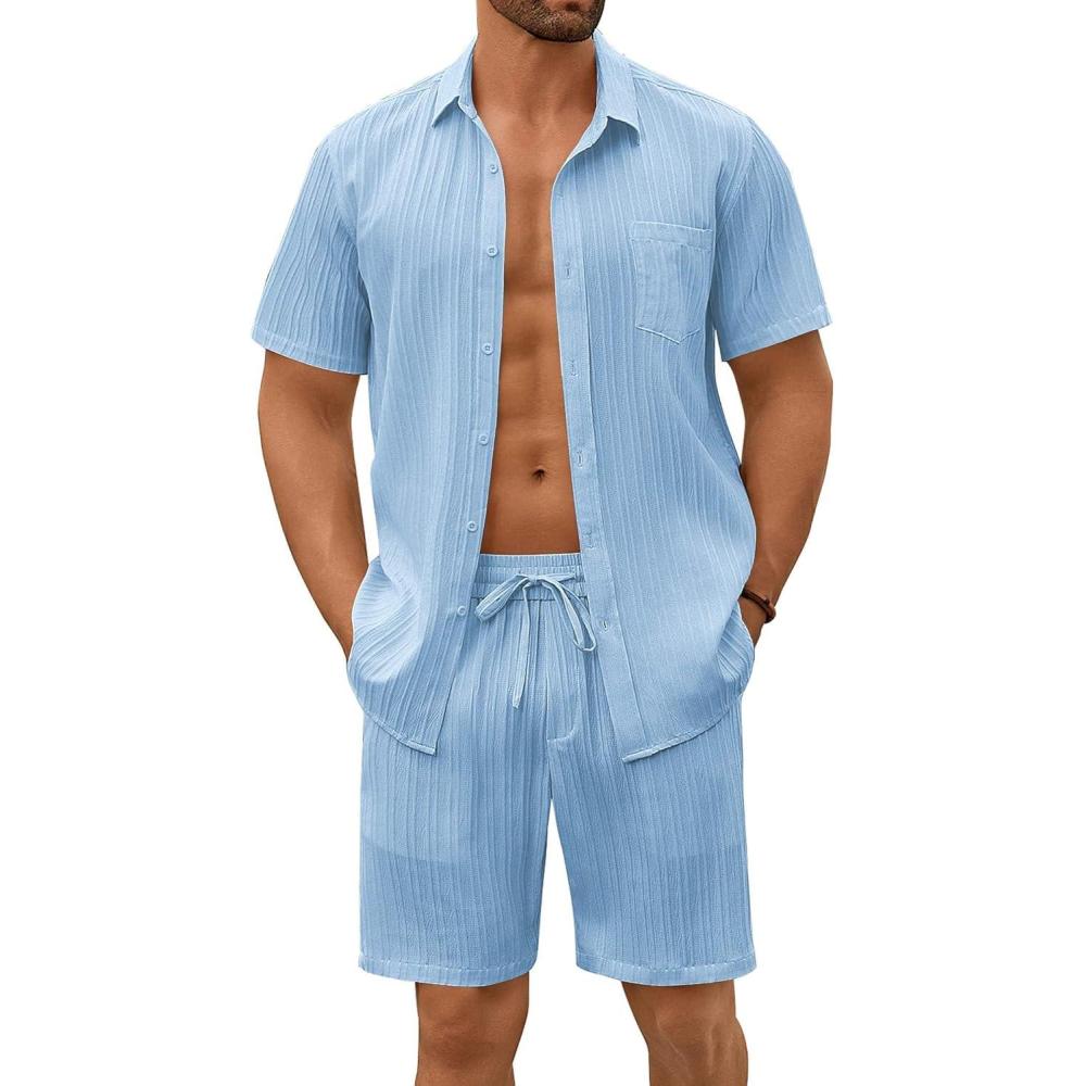 imageCOOFANDY Mens Beach Outfits 2 Piece Sets Casual Short Sleeve Button Down Summer Textured ShirtLight Blue