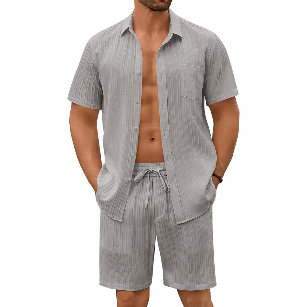 imageCOOFANDY Mens Beach Outfits 2 Piece Sets Casual Short Sleeve Button Down Summer Textured ShirtLight Gray
